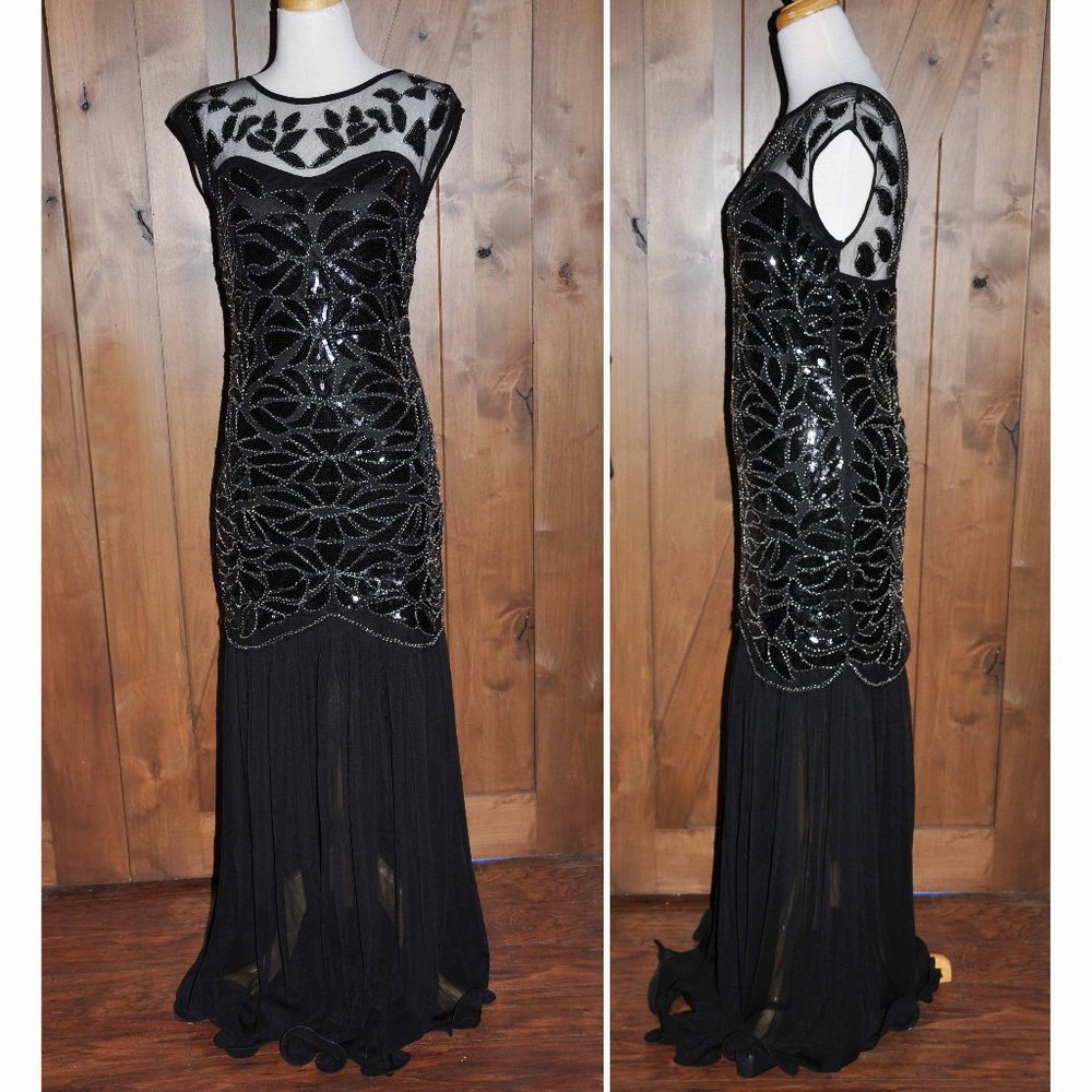 Black Beaded & Sequin Cap Sleeve Full Length Sexy Gatsby Flapper Formal Gown